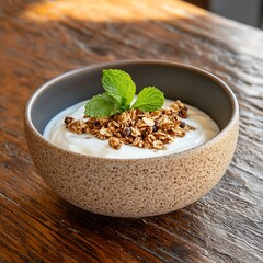 Aufkleber - Healthy Yogurt Breakfast with Mint and Granola in Rustic Ceramic Bowl : Generative AI