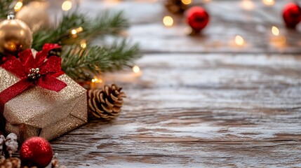Poster - Rustic Christmas Gift and Pinecones on Vintage Wooden Background with Soft Festive Lights : Generative AI