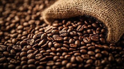 Poster - Roasted Brown Coffee Beans Cascading from Textured Woven Sack : Generative AI