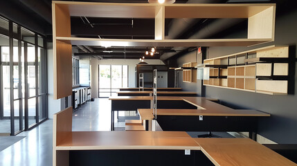 Poster - Industrial-style open office with minimalist black and white decor, floating wooden shelves, and open desks for an efficient and stylish workspace.