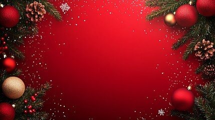 Poster - Festive Red Christmas Background with Pine Branches and Baubles for Holiday Greeting Cards : Generative AI