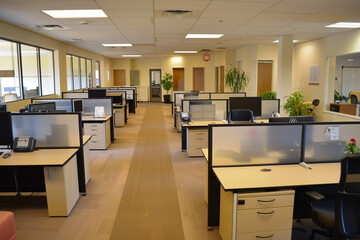 Poster - Modern office with a neutral color palette, simple black tables, glass dividers, and a spacious layout for a minimalist and focused open-plan work environment.