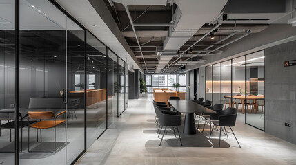 Poster - Modern office with a neutral color palette, simple black tables, glass dividers, and a spacious layout for a minimalist and focused open-plan work environment.