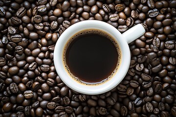 Poster - Warm Coffee Moment with a Cup on Top of Aromatic Coffee Beans : Generative AI