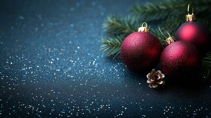 Aufkleber - Festive Red Christmas Baubles with Pine Branches on Sparkling Dark Background : Generative AI