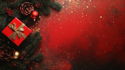 Poster - Elegant Holiday Gift Scene with Red Wrapped Present Pine Cones and Gold Ornaments on Glitter Background : Generative AI