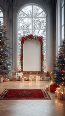 Poster - Opulent Christmas Interior with Trees and Lights Creating a Welcoming Ambience : Generative AI