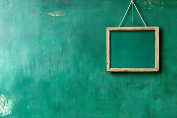 Poster - Empty Wooden Framed Green Chalkboard Hanging on Textured Wall for Educational Background Concepts : Generative AI