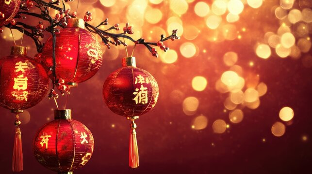 2025 New Year card with Chinese-style red and gold background, intricate decorations, and festive lanterns.