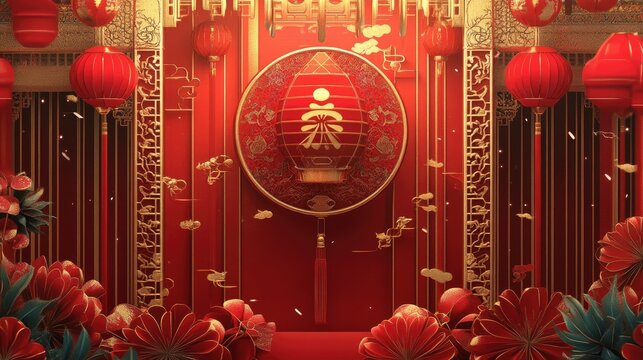 2025 New Year card with Chinese-style red and gold background, intricate decorations, and festive lanterns.
