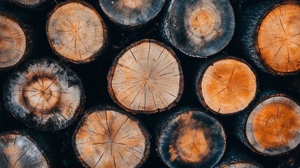 Aufkleber - Closeup of Stacked Natural Wooden Logs Showcasing Unique Tree Ring Patterns and Textures : Generative AI