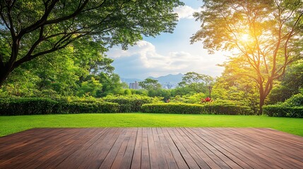 Aufkleber - Serene panoramic view of lush green park landscape with wooden deck and sunlight filtering through leafy trees : Generative AI