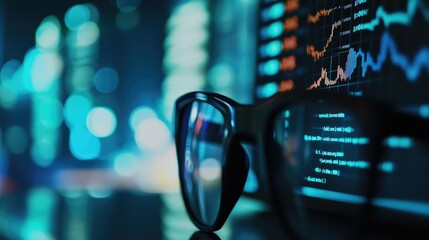 Poster - Close-up of financial data on screen with reading glasses on desk in modern office, capturing business atmosphere