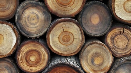 Poster - Natural Wood Log Pile Displaying Vivid Tree Growth Rings and Varied Brown Hues : Generative AI