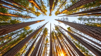 Poster - Stunning Upward Shot of Tall Pine Trees with Sunlight Peeking Through : Generative AI