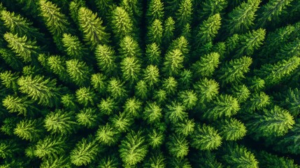 Poster - Vibrant Green Pine Forest Aerial View with Symmetric Tree Arrangement : Generative AI