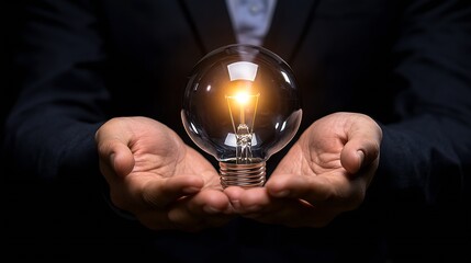 Aufkleber - Closeup of hands holding illuminated light bulb symbolizing innovation creativity and ideas : Generative AI