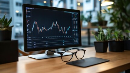 Poster - Financial charts and graphs on computer screen with glasses placed on a stylish office desk