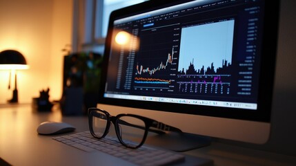Poster - Financial charts and graphs on computer screen with glasses placed on a stylish office desk
