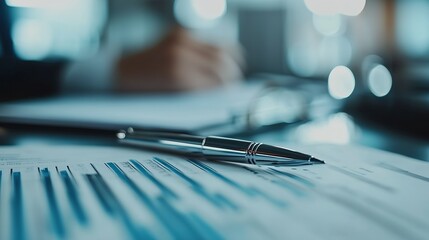 Poster - Focused Business Analysis with Pen on Financial Documents in Modern Office : Generative AI