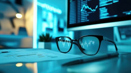 Poster - Modern office desk with glasses and financial data screen, highlighting business analysis scene
