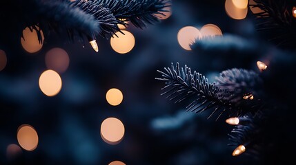 Poster - Festive Holiday Pine Tree Branches with Soft Bokeh Lighting Create a Cozy and Warm Christmas Atmosphere : Generative AI