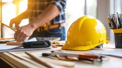 Poster - Architect at Work with Yellow Hard Hat and Toolkit in Modern Office : Generative AI