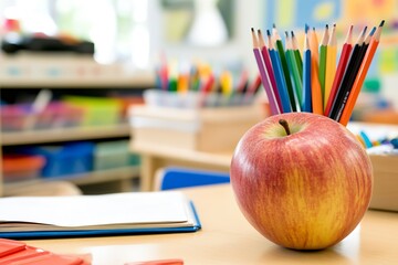 Poster - Red Apple on Classroom Desk With Colorful Pencils in Pencil Holder : Generative AI