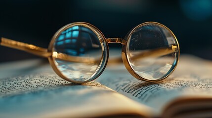 Poster - Vintage Spectacles Resting on Open Book Illuminated by Warm Light : Generative AI