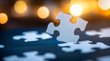 Poster - Single White Puzzle Piece Standing Upright Among Dimly Lit Pieces Signifying Problem Solving : Generative AI