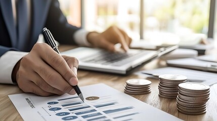 Poster - Business Person Analyzing Financial Graphs with Coins on Desk : Generative AI