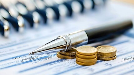 Poster - Closeup of Pen and Coins on Financial Report for Investment Analysis : Generative AI