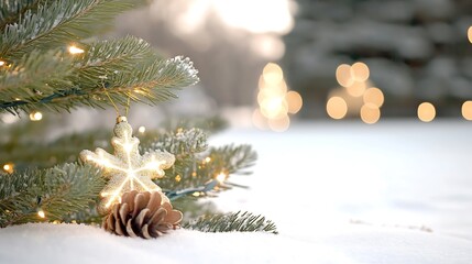 Fototapete - Elegant Christmas Ornament and Pine Cone on Snowy Tree Branch with Golden Bokeh Lights in the Background : Generative AI