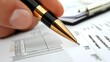 © Generative AI - Close up of a gold and black pen on financial documents illustrating finance and analysis : Generative AI