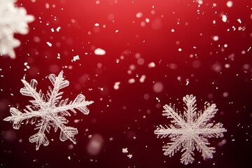 Aufkleber - Crystal Snowflakes on Bright Red Winter Wonderland Background with Falling Snow : Generative AI