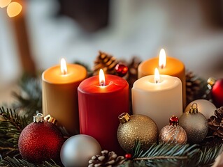 Aufkleber - Festive Christmas Candle Arrangement Surrounded by Pine Cones and Baubles for Holiday Decor : Generative AI