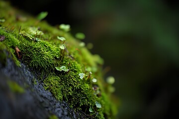 Aufkleber - Vibrant CloseUp of Moss Covered Rock in Lush Forest Environment with Blurred Background : Generative AI