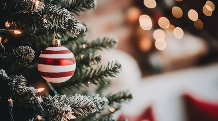 Poster - Traditional Christmas Tree with Red and White Striped Ornament and Cozy Lights : Generative AI