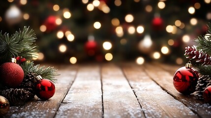 Poster - Rustic Christmas Decoration with Red Baubles and Winter Greenery on Wooden Table with Warm Lights : Generative AI
