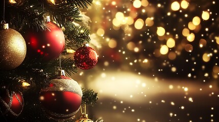 Poster - Illuminated Christmas Tree with Red and Gold Baubles and Soft Light Background : Generative AI
