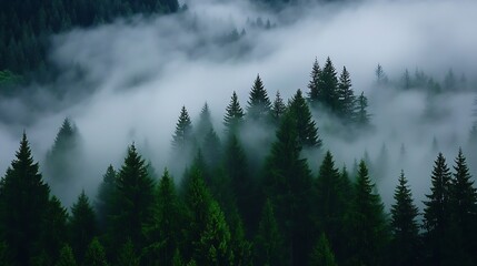 Poster - Mystical Forest Landscape with Pine Trees Shrouded in Enveloping Fog and Mist : Generative AI
