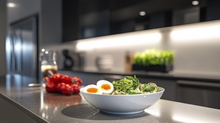 Wall Mural - Ramen Bowl with Soft Boiled Eggs in Modern Kitchen