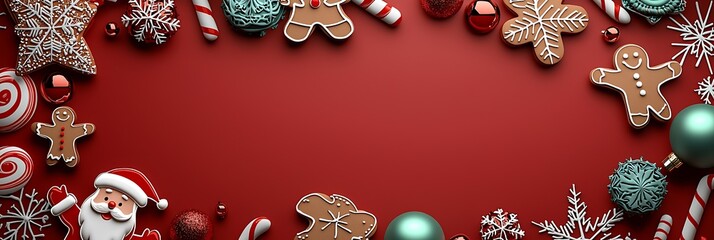 Poster - Holiday Sweets and Gingerbread Cookies on Red Background with Christmas Ornaments : Generative AI