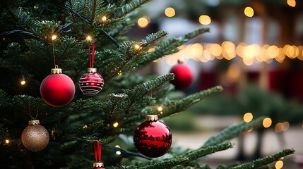 Poster - Beautiful Christmas Tree with Red Baubles and Golden Lights in Festive Setting : Generative AI