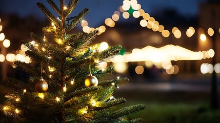 Aufkleber - Festive Christmas Tree Decorated with Golden Ornaments Against Sparkling Evening Lights : Generative AI