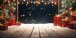 © Generative AI - Wooden Christmas Stage with Gift Boxes Red Ornaments and Illuminated Pine Trees in Snow : Generative AI