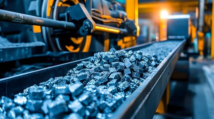 Poster - Automated conveyor belts moving rows of metallic zinc ingots along the production line for packaging and distribution in a modern industrial factory setting