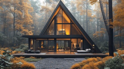 Stylish Black Metal Frame House in Autumn Forest