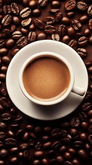 Poster - Top View of Freshly Brewed Espresso in White Cup Surrounded by Roasted Coffee Beans : Generative AI