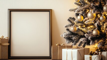 Poster - Elegant Christmas Living Room with Decorated Tree and Gift Boxes : Generative AI